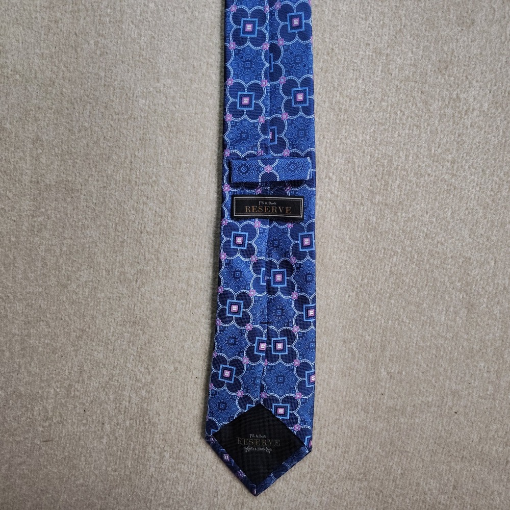 Jos A Bank Reserve Necktie Mens Blue Pink Silk Geometric Medallion Luxury